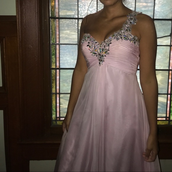Long one headed shoulder pink prom dress - Picture 1 of 6